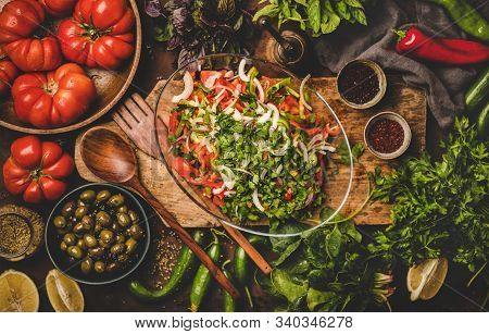 Flat-lay Of Turkish Traditional Chopard Salad With Vegetables And Herbs