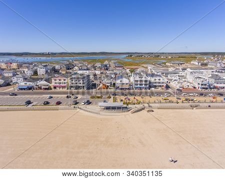 Hampton Beach Aerial View Including Historic Waterfront Buildings On Ocean Boulevard And Hampton Bea