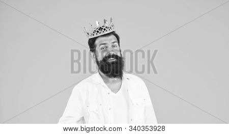 Holiday Carnival Celebration. Superstar Concept. Bearded Man King Costume Party. Sense Of Self Impor