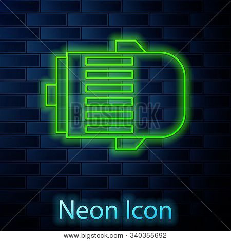 Glowing Neon Line Electric Engine Icon Isolated On Brick Wall Background. Car Alternator. Vector Ill