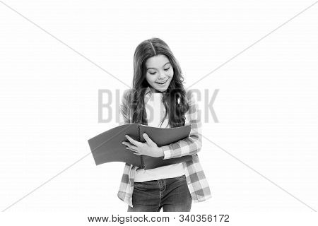 School Routine. Educational Process. Little Girl With Writing Pad. Cute Small School Child Hold Open