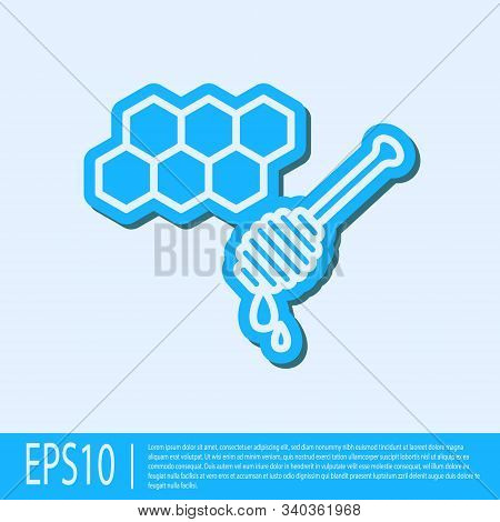 Blue Line Honeycomb With Honey Dipper Stickicon Isolated On Grey Background. Honey Ladle. Honey Cell