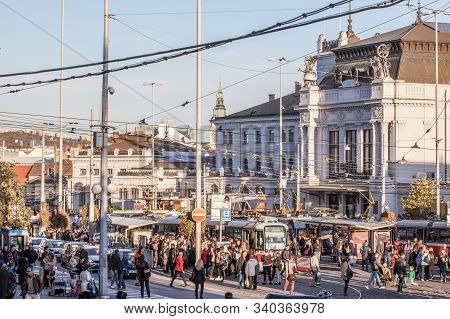 Brno, Czechia - November 4, 2019: Crowd Of People Rushing In Front Of Brno Hlavni Nadrazi Train Stat