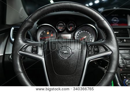 Novosibirsk, Russia - December 06, 2019:  Opel Mokka, New Car Interior - Dashboard, Player, Steering