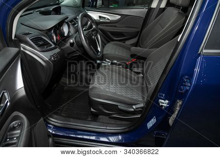 Novosibirsk, Russia - December 06, 2019:  Opel Mokka, Luxury Car Interior - Steering Wheel, Shift Le