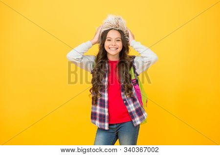 Winter Events At School. Winter Entertainment And Activities. Child Schoolgirl Soft Hat Enjoy Season