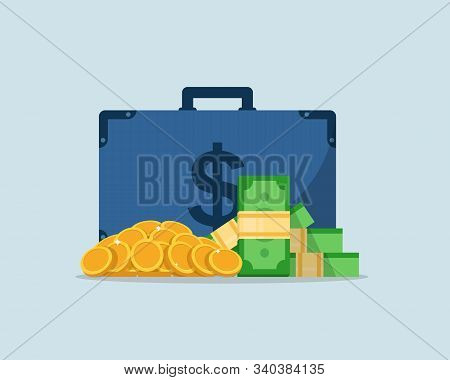 Money Bags And Banknotes,dollar Paper Business Finance Money Stack,flat Design Icon Vector Illustrat