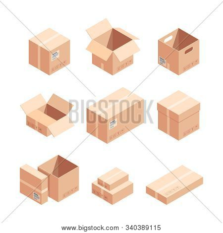 Relocation Carton Boxes Isometric 3d Vector Illustrations Set