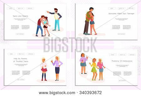 Set Of Landing Web Page Template Parent Adolescent Conflict. Parents Scolds Children Teens Isolated 
