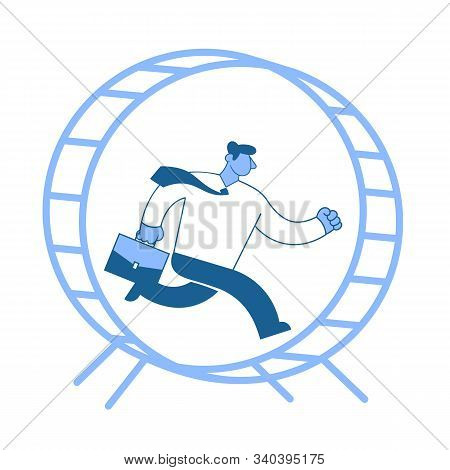 Businessman In White Shirt Running In A Wheel Like A Hamster. Running In Place. Hurry Up. Race For S