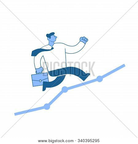 Businessman In White Shirt Runing Over The Graph As He Runs To His Goals. Achieving Goals. Race For 