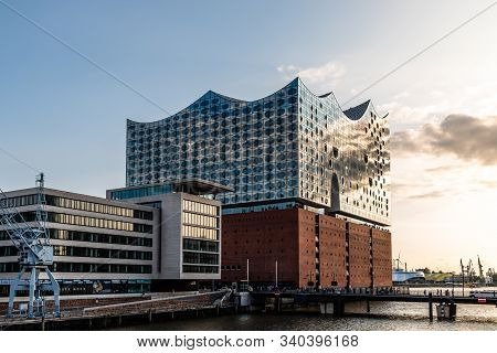 Hamburg, Germany - August 3, 2019: The Elbphilharmonie, Concert Hall In The Port Of Hamburg At Sunse