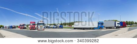 Wuerzburg, Germany - May 17, 2017: Trucks Park At A Parking Lot Along The Highway Near Wuerzburg. Th