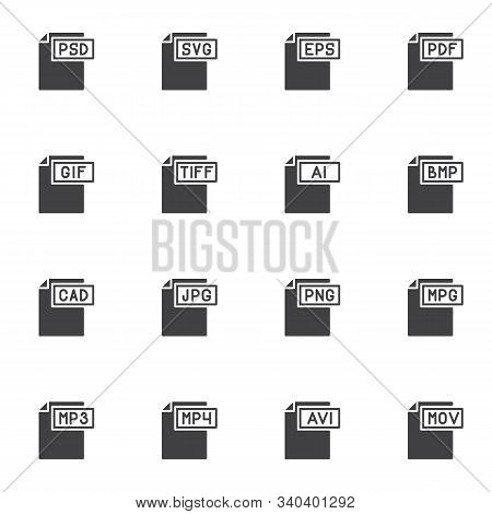 Document File Types Vector Icons Set, File Format Modern Solid Symbol Collection Filled Style Pictog