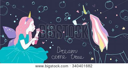 Girl Dressed As Fairies And Cute Unicorn