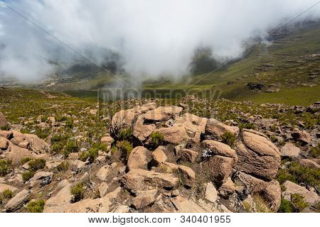 Ethiopian Bale Mountains National Park Landscape. Ethiopia Wilderness Pure Nature. Sunny Day With Bl