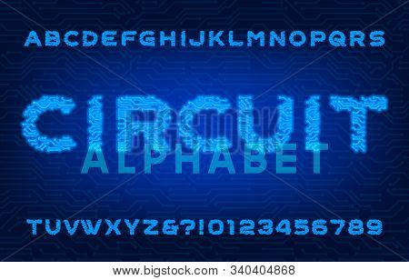 Circuit Alphabet Font. Neon Color Letters And Numbers. Stock Vector Computer Technology Typescript.