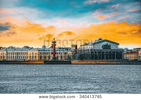 Rostral Columns On The Spit Of Vasilievsky Island. Saint Petersburg. Russia.