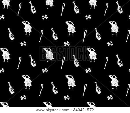 Crow Pirate Bottle Rum Bones Black And White Seamless Pattern
