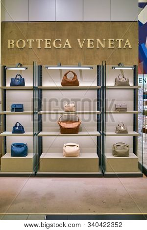 BERLIN, GERMANY - CIRCA SEPTEMBER, 2019: Bottega Veneta bags on display at the Kaufhaus des Westens (KaDeWe) department store in Berlin.