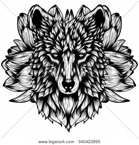Vector Illustration Of Volf With Lotus In Graphic Style