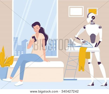 Robot Doing Housework. Robotic Housekeeping. Robot Ironing Cothes.