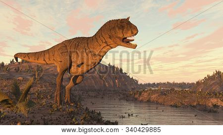 Carnotaurus Dinosaur Roaring At Sunset - 3d Render