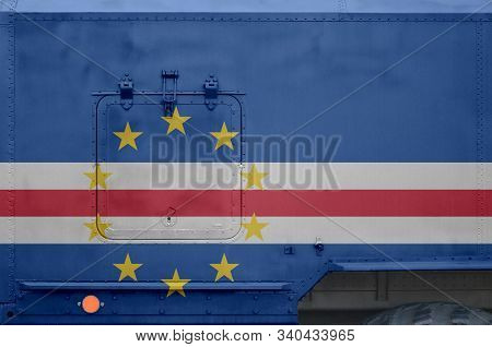 Cabo Verde Flag Depicted On Side Part Of Military Armored Truck Closeup. Army Forces Conceptual Back