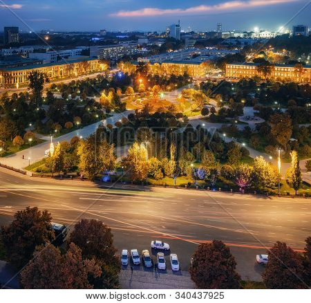 Aerial View Of Amir Temur Square Park With Night Illumination, Tashkent Uzbekistan