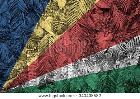Seychelles Flag Depicted On Many Leafs Of Monstera Palm Trees. Trendy Fashionable Backdrop