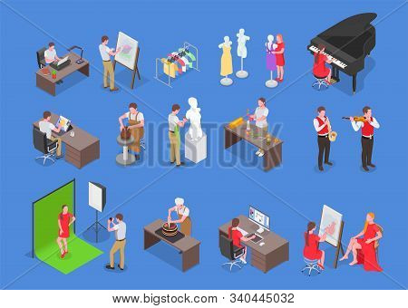 Creative People Professions Artist Isometric Set With Isolated Human Characters Furniture And Pieces