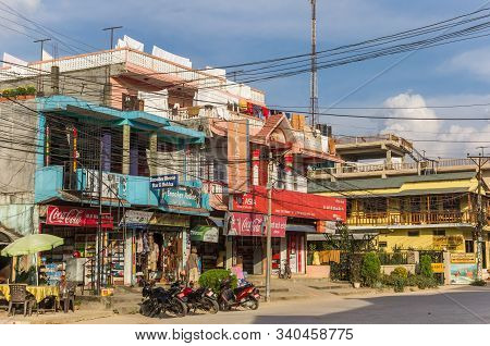 Sauraha, Nepal - November 09, 2019: Colorful Shops And Restaurants In Main Street Sauraha, Nepal