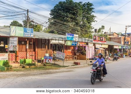 Sauraha, Nepal - November 09, 2019: Motorcycle In The Central Street Of Sauraha, Nepal