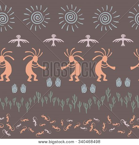 South American Peru Flute Player Vector Ethnic Tribal Motifs Seamless Pattern. Mythical Design With 