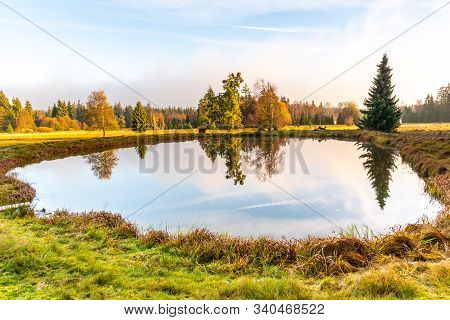 Trees Reflected In The Pond. Kladska Peat Bog National Reserve Near Marianske Lazne, Czech Republic