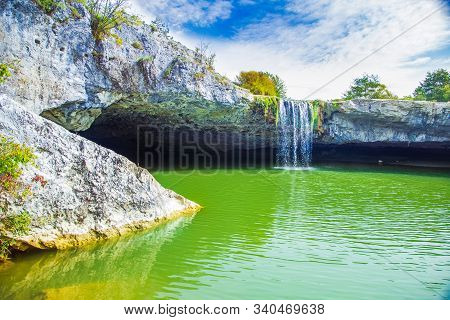Beautiful Waterfall Zarecki Krov On Pazincica River Near Pazin In Istria, Croatia