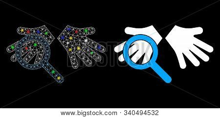 Glowing Mesh Hands Tranparency Icon With Glitter Effect. Abstract Illuminated Model Of Hands Tranpar