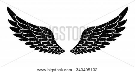 Hand Drawn Bird Or Angel Grunge Textured Flapping Wings. Hand Drawn Wings Silhouette For T-shirt Pri