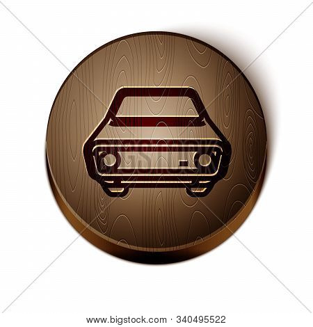 Brown Line Car Icon Isolated On White Background. Front View. Wooden Circle Button. Vector Illustrat