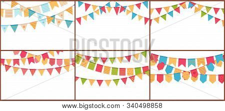 Party Bunting. Birthday Flags Banner, Color Triangle Flag Buntings And Festival Paper Garland Vector