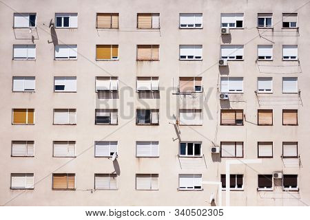Communist Socialist Architecture. Architectural Detail And Pattern Of Social Residential Of Apartmen