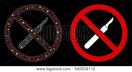 Flare Mesh No Scalpel Icon With Sparkle Effect. Abstract Illuminated Model Of No Scalpel. Shiny Wire