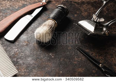 Vintage Barber Tools Dangerous Razor Hairdressing Scissors Old Manual Clipper Comb Shaving Brush. Ol
