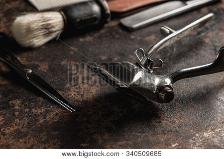 Vintage Barber Tools Dangerous Razor Hairdressing Scissors Old Manual Clipper Comb Shaving Brush. Ol