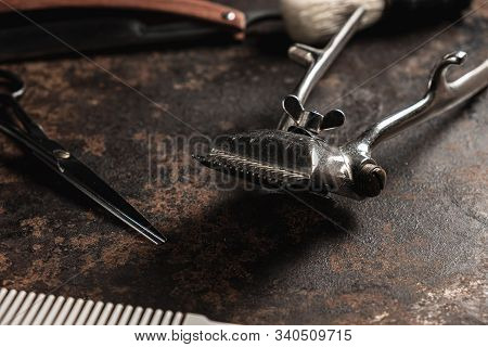 Vintage Barber Tools Dangerous Razor Hairdressing Scissors Old Manual Clipper Comb Shaving Brush. Ol