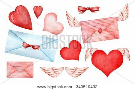 Set Of Cute Decorative Elements. Illustrations For Valentines Day. Envelopes, Bows, Hearts, Angel Wi