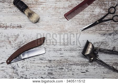 Vintage Barber Tools Dangerous Razor Hairdressing Scissors Old Manual Clipper Comb Shaving Brush. Ol