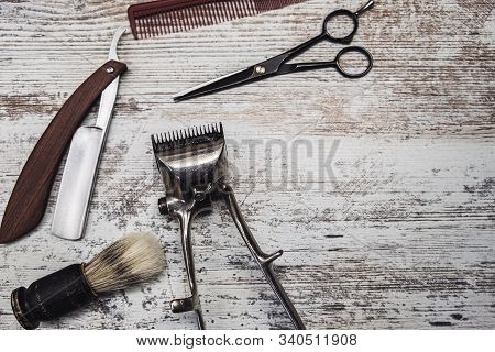 Vintage Barber Tools Dangerous Razor Hairdressing Scissors Old Manual Clipper Comb Shaving Brush. Ol