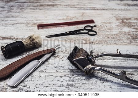 Vintage Barber Tools Dangerous Razor Hairdressing Scissors Old Manual Clipper Comb Shaving Brush. Ol