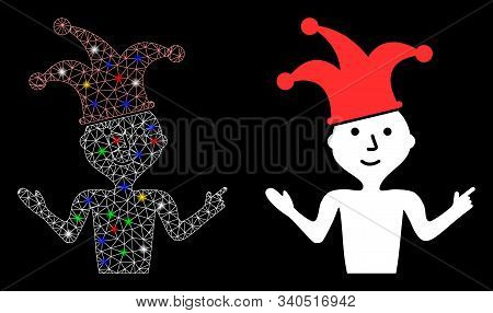 Glowing Mesh Sarcasm Icon With Glare Effect. Abstract Illuminated Model Of Sarcasm. Shiny Wire Carca